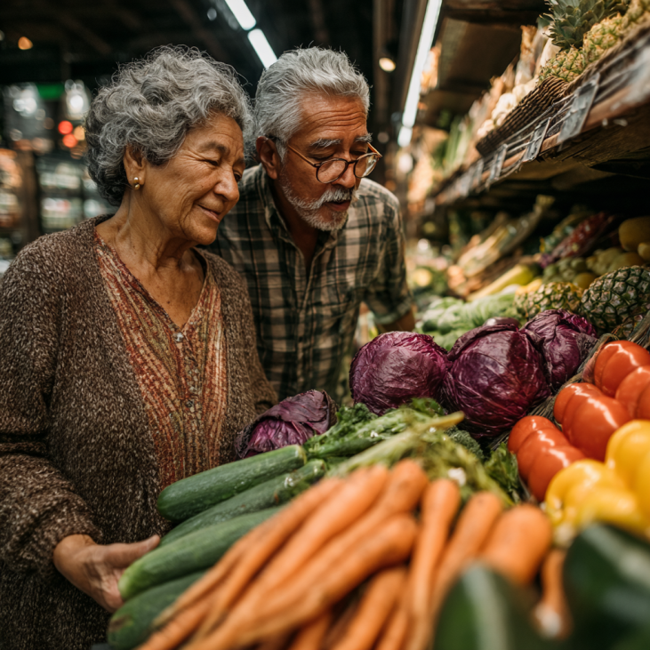 Adultos mayores disfrutando comida saludable